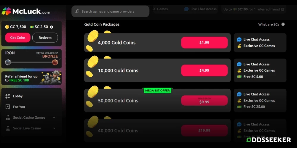 Screenshot of McLuck Casino Gold Coin packages