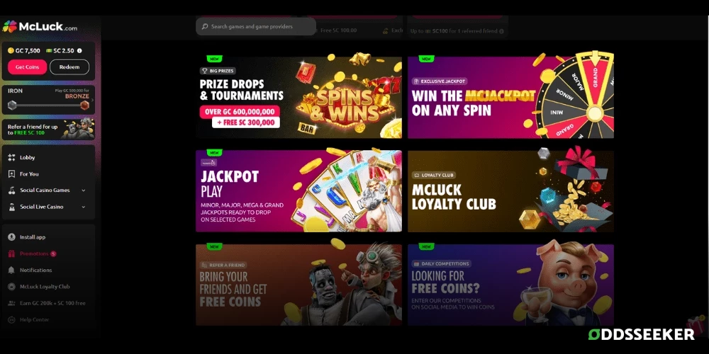 Screenshot of McLuck Casino promotions page