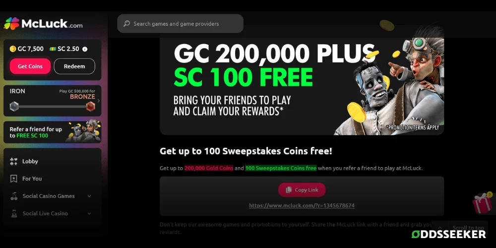 Screenshot of McLuck Casino refer-a-friend promotion