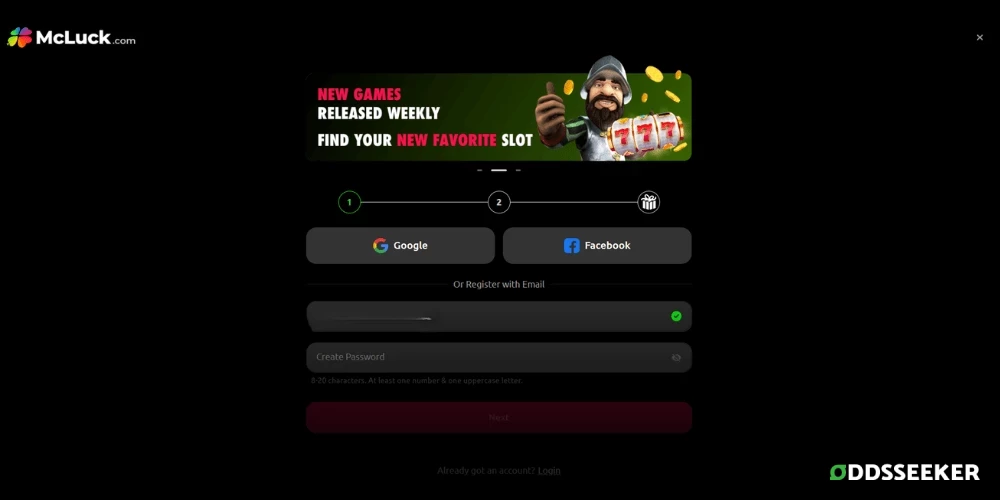 Screenshot of McLuck Casino sign-up process