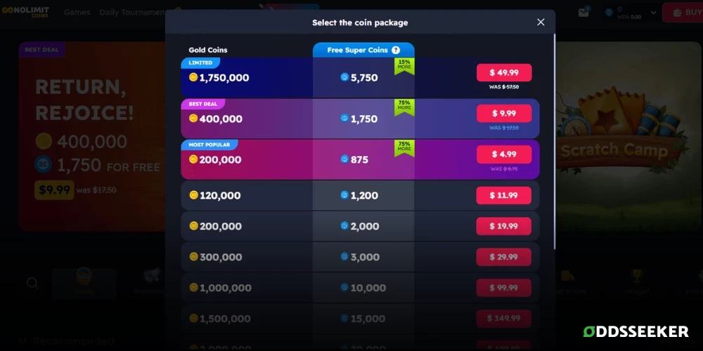 Screenshot of NoLimitCoins Coin Packages