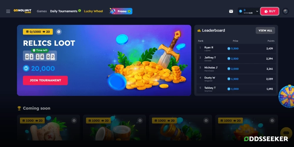 Screenshot of NoLimitCoins Daily Tournaments Page