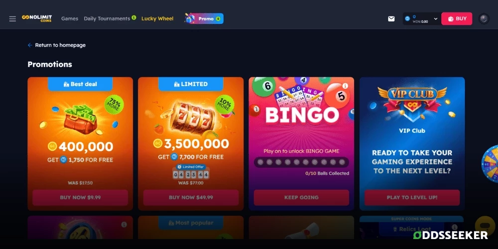 Screenshot of NoLimitCoins Promotions Page