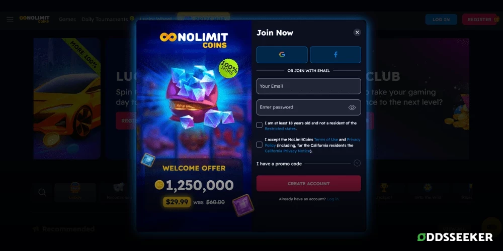 Screenshot of NoLimitCoins Sign Up Process