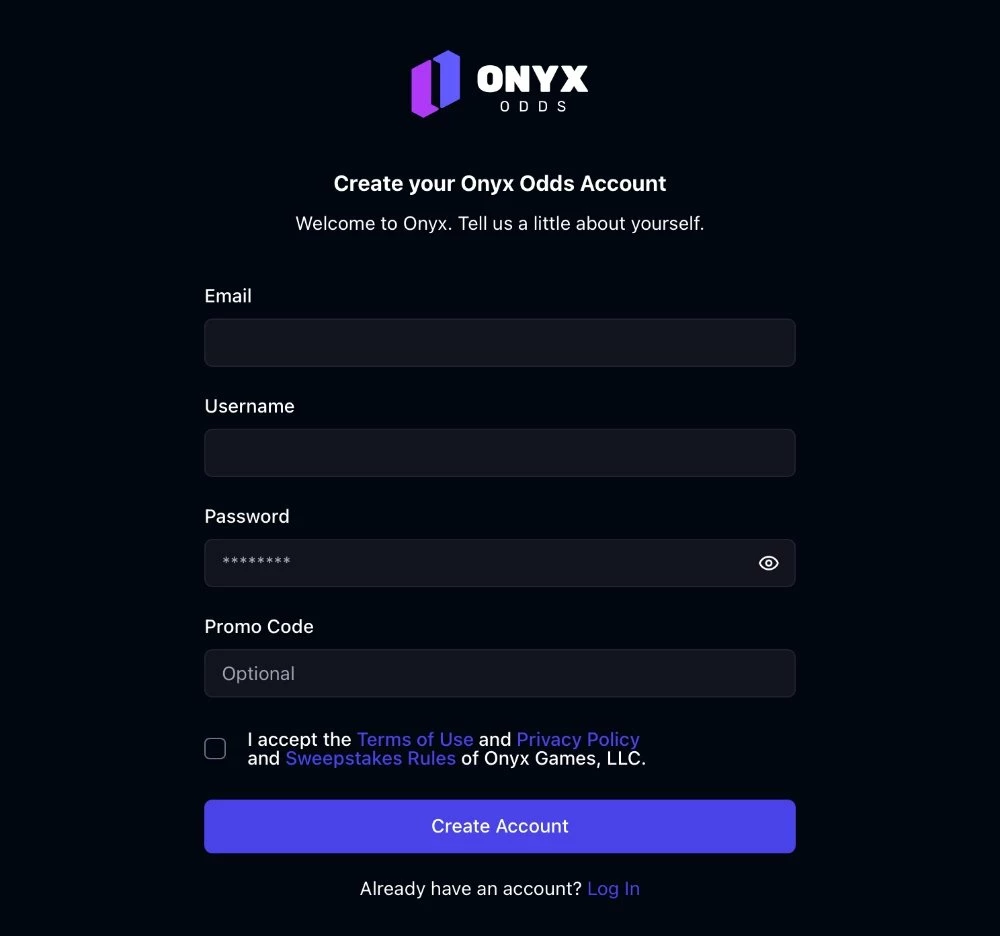 Screenshot of Onyx Odds Account Signup page