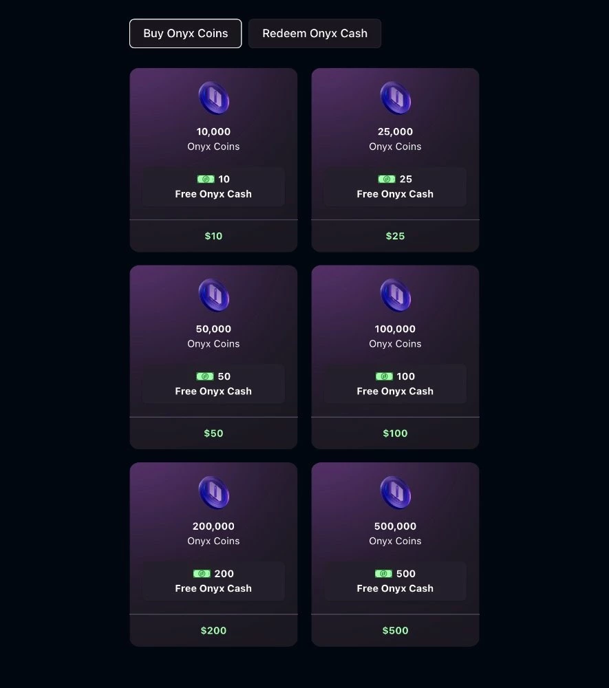 Screenshot of Onyx Odds Coins Store