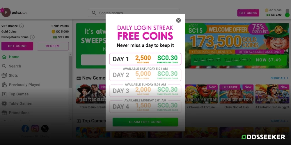 Screenshot of Pulsz.com Casino Daily Login Bonus