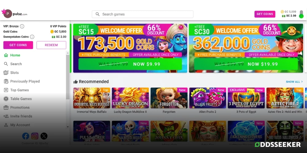 Screenshot of Pulsz.com Casino Home Page