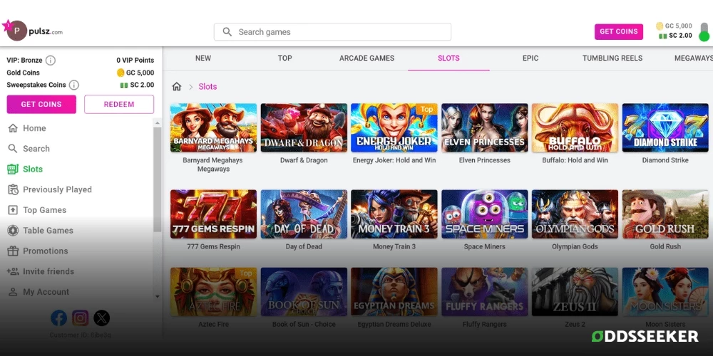 Screenshot of Pulsz.com Casino Slots Page