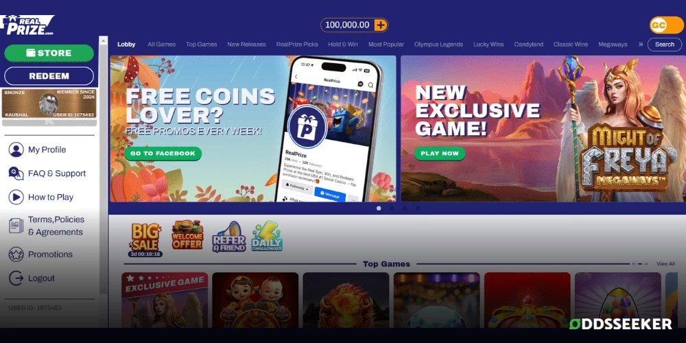 Screenshot of RealPrize Casino Home Page