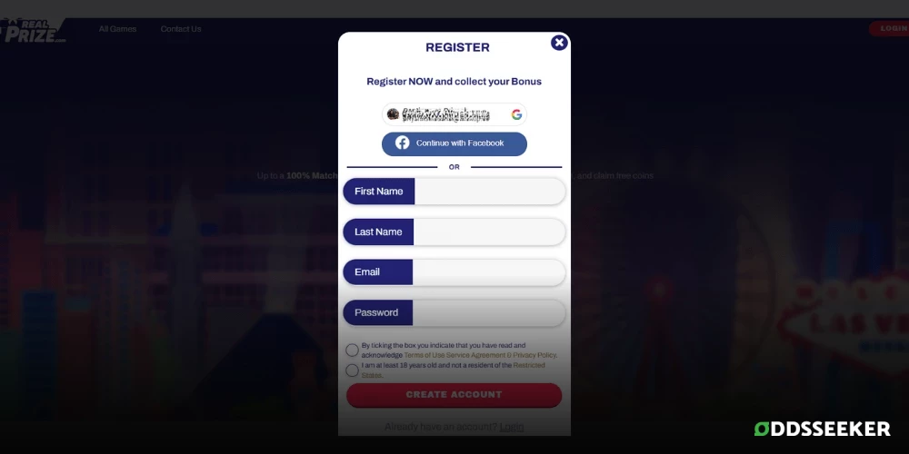 Screenshot of RealPrize Casino Sign Up Process