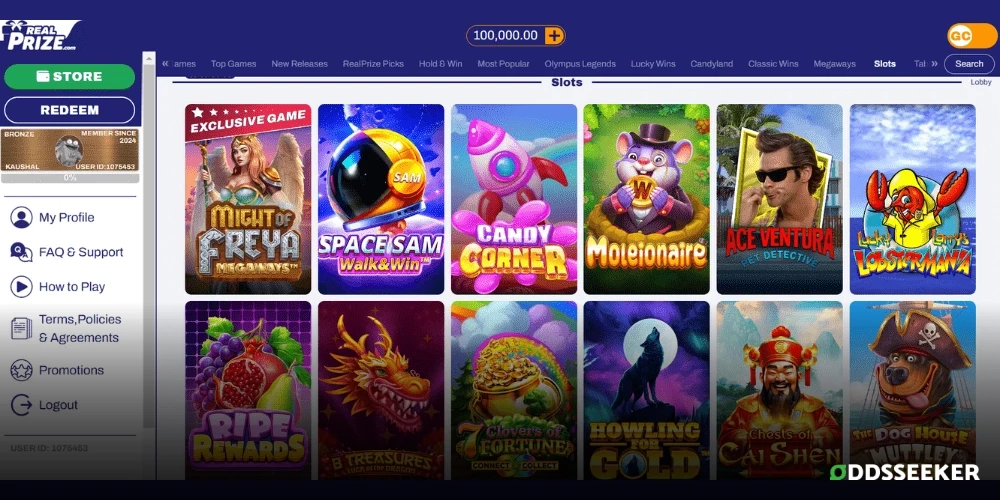 Screenshot of RealPrize Casino Slots Page