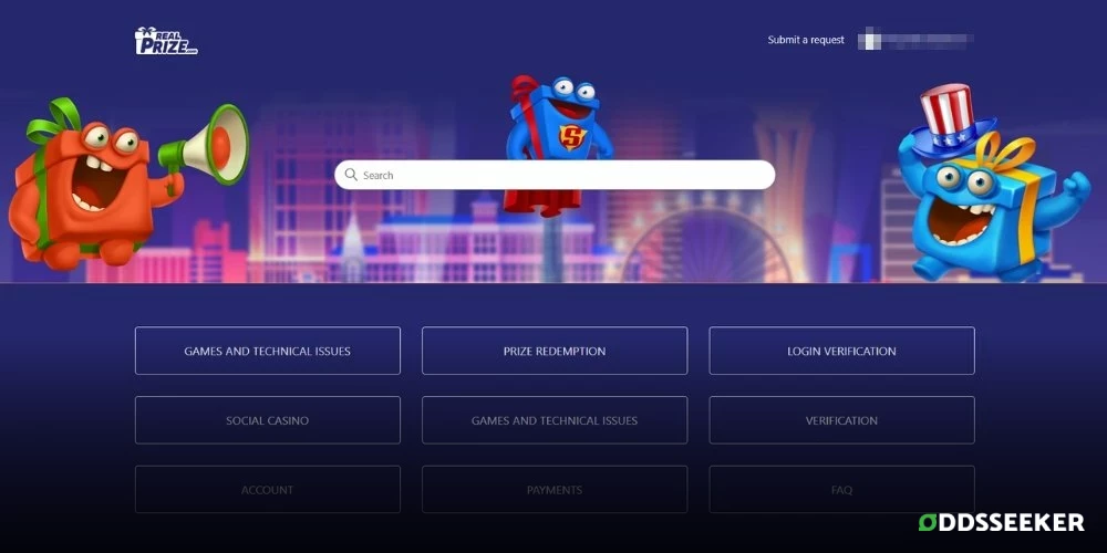 Screenshot of RealPrize Casino Zendesk Customer Support Page