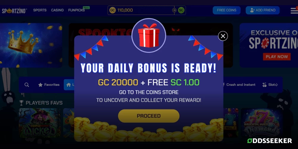 Screenshot of Sportzino daily login bonus