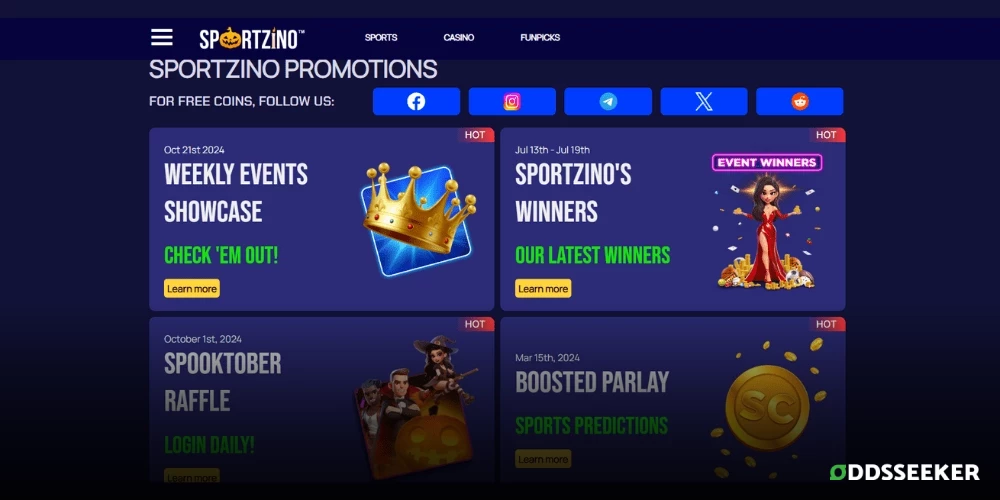 Screenshot of Sportzino promotions page