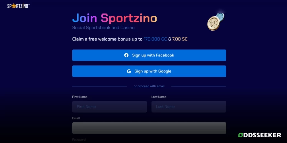 Screenshot of Sportzino sign-up process