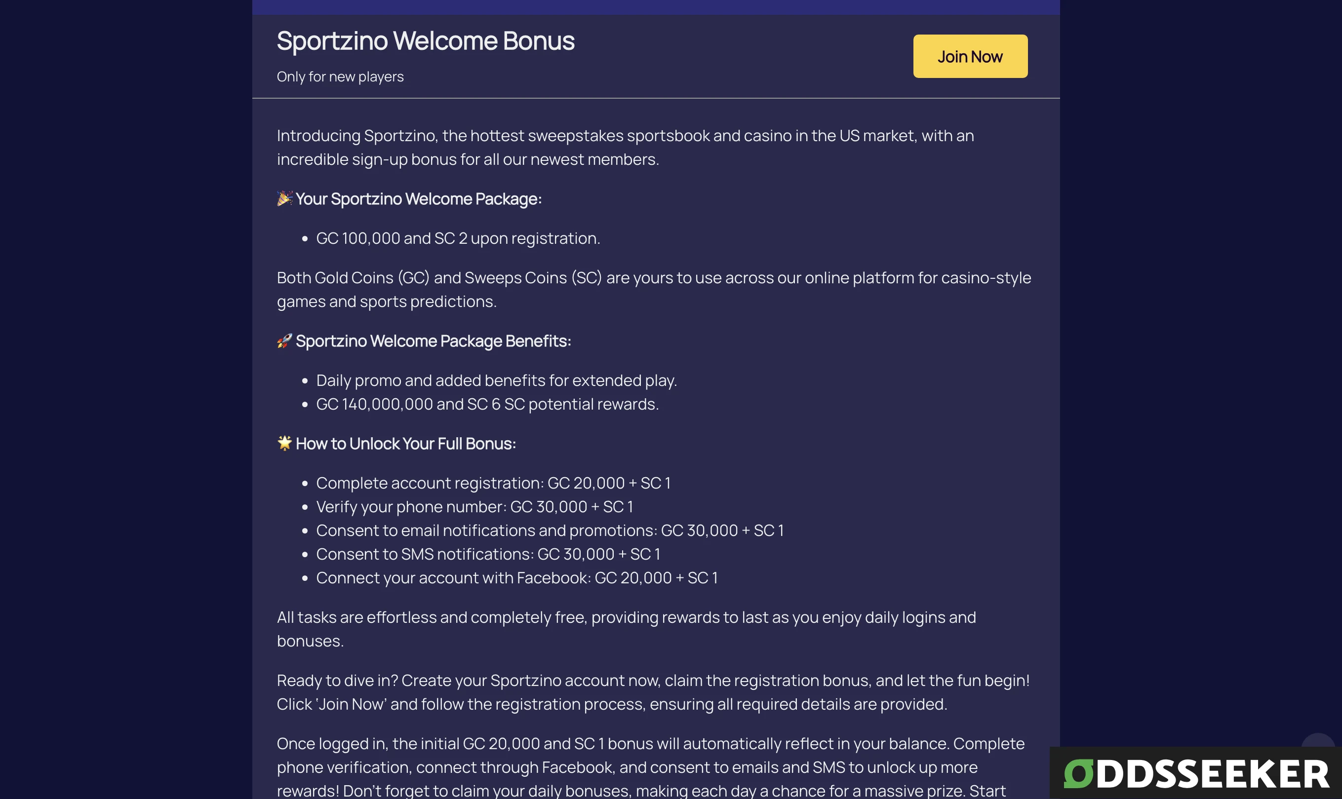 Full details and terms of the Sportzino Casino Welcome Promo