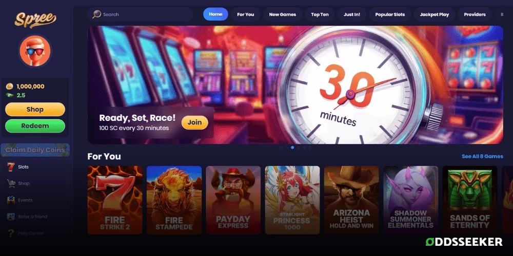 Screenshot of Spree Casino homepage