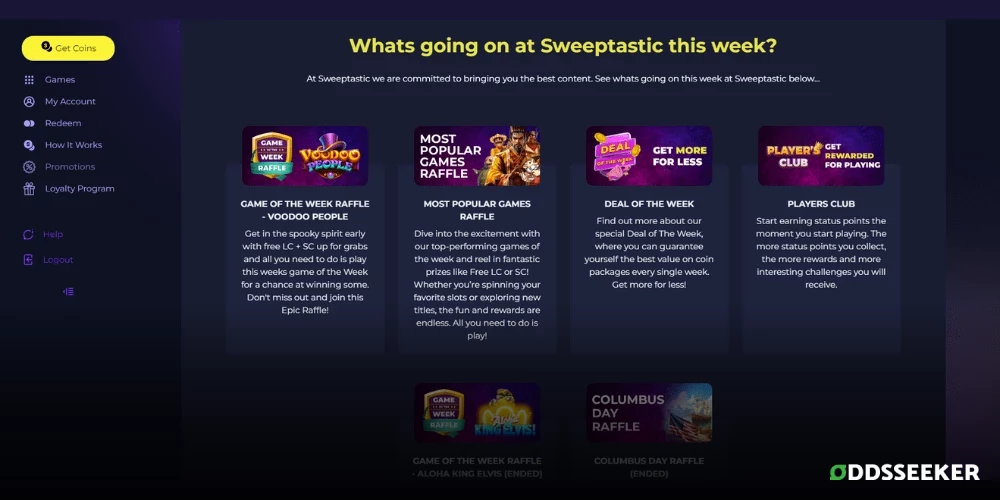 Screenshot of Sweeptastic promotions available for existing players