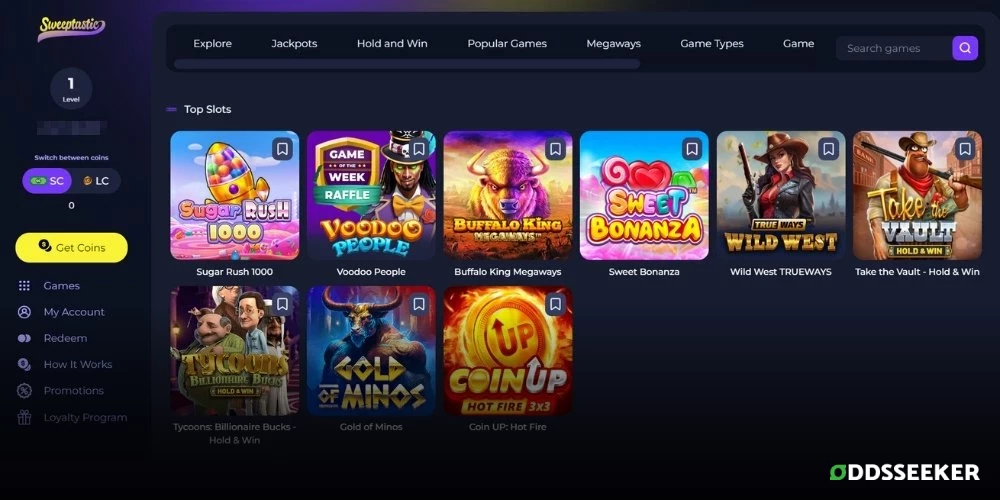 Screenshot of the top slots on Sweeptastic