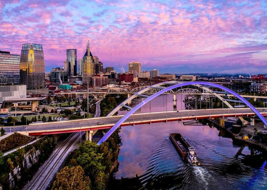 Nashville, Tennessee over the water at dawn.