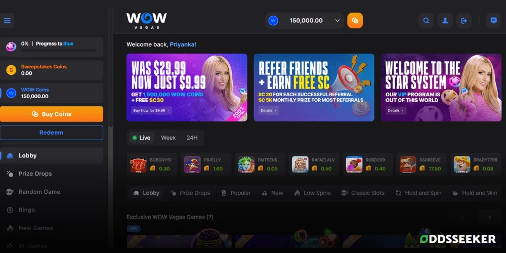 Screenshot of WOW Vegas Casino Homepage