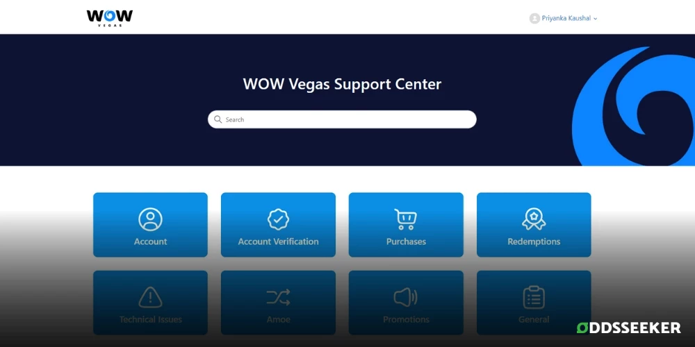 Screenshot of Wow Vegas Customer Support Center