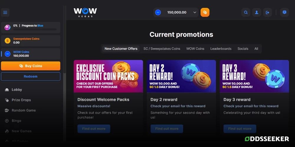 Screenshot of Wow Vegas Promotions Page