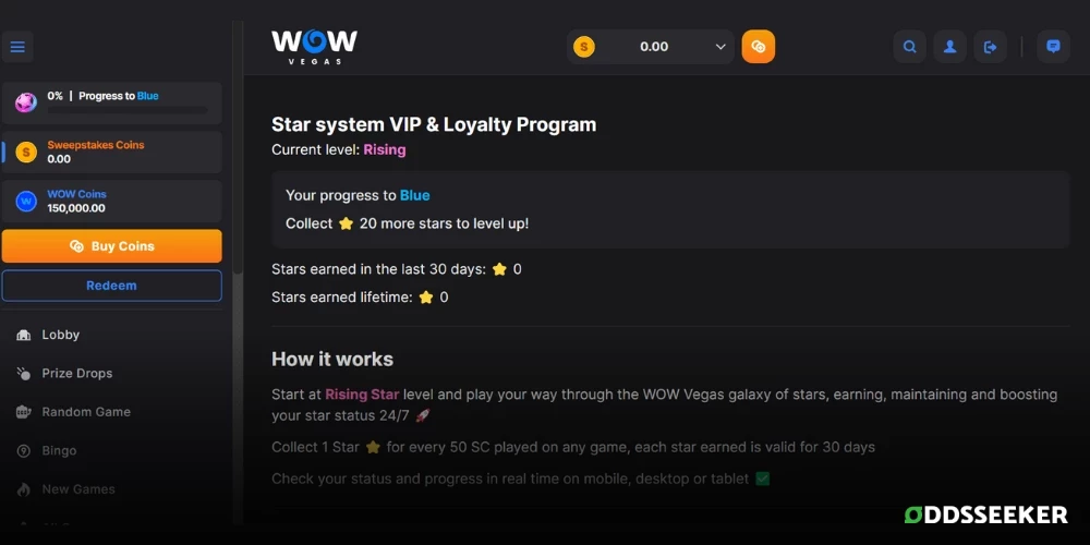 Screenshot of Wow Vegas Rising Star VIP & Loyalty Program