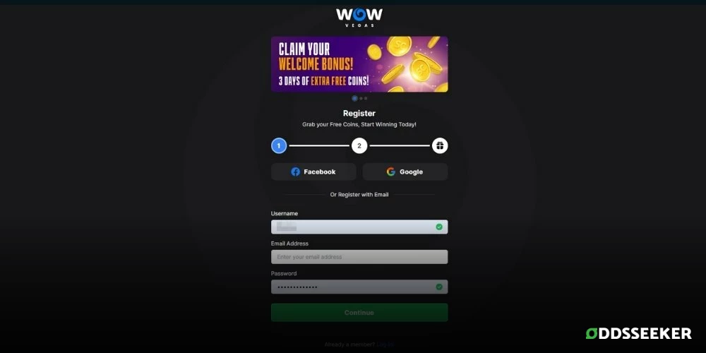 Screenshot of Wow Vegas Sign Up Process