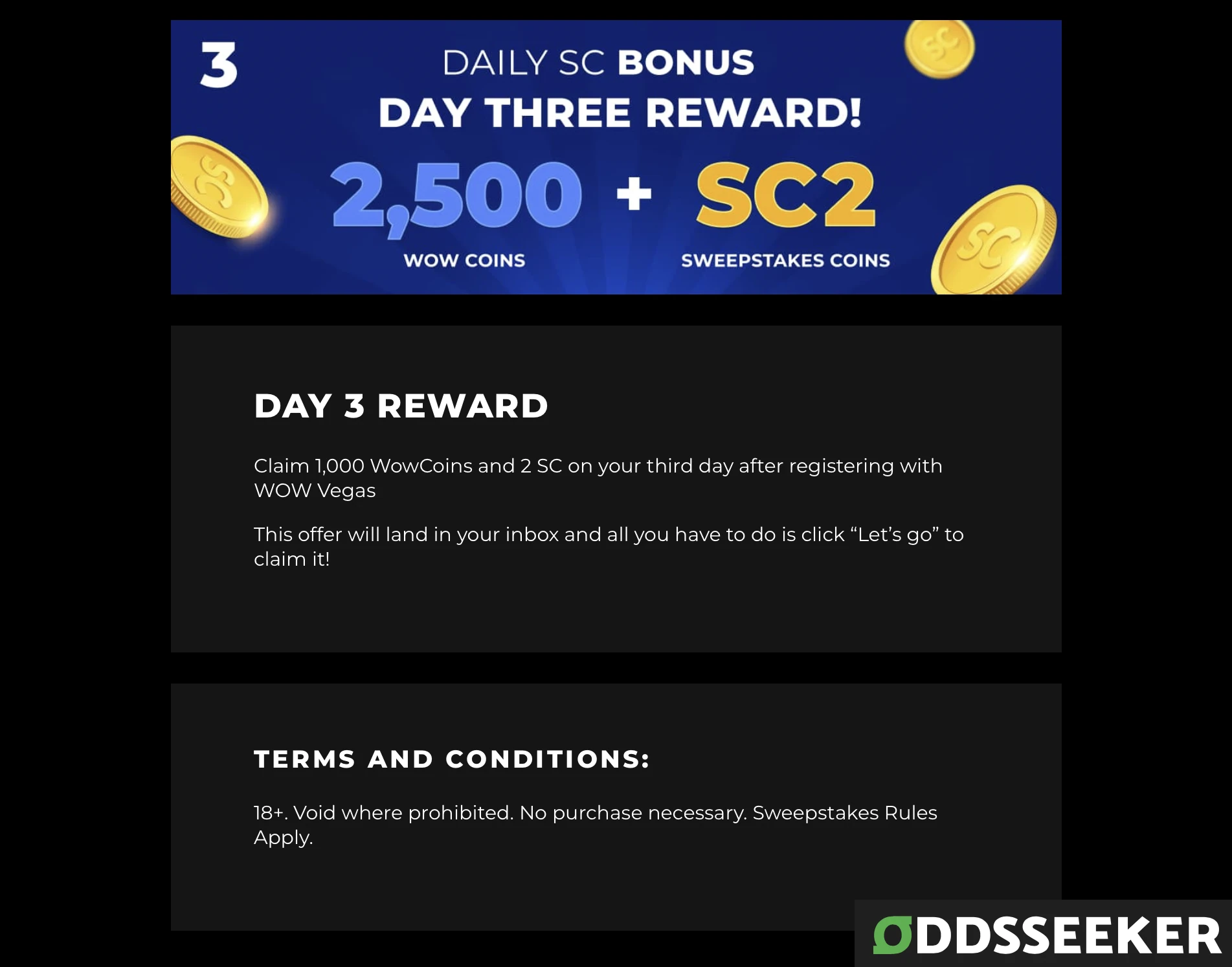 Screenshot of WOW Vegas daily login bonus Day 3 Login Reward pop-up