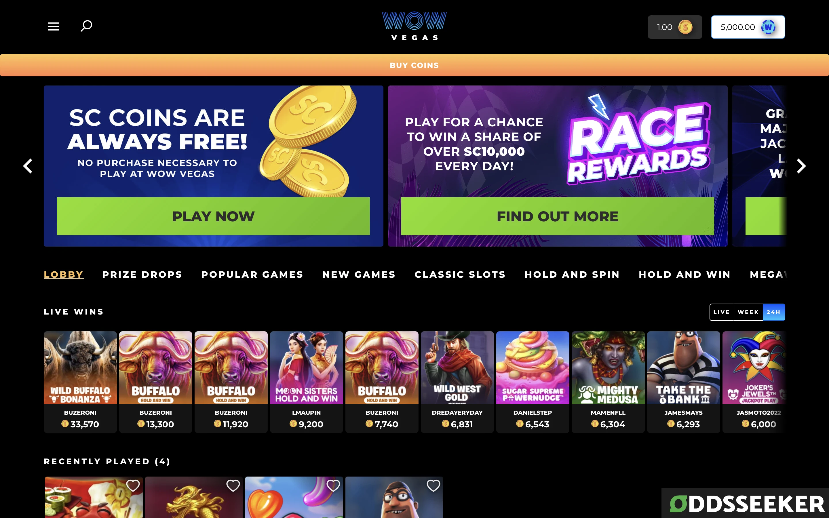 Screenshot of WOW Vegas homepage lobby, including categories, slots, and slider with past promotions.