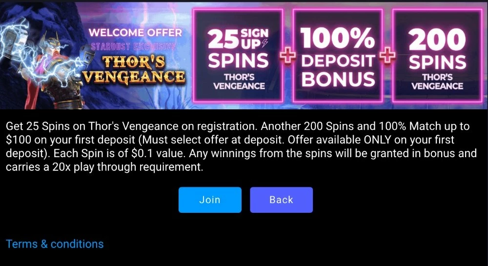 Screenshot of the Stardust Casino No Deposit Welcome Bonus 25 Free Spins on Thor's Vengeance