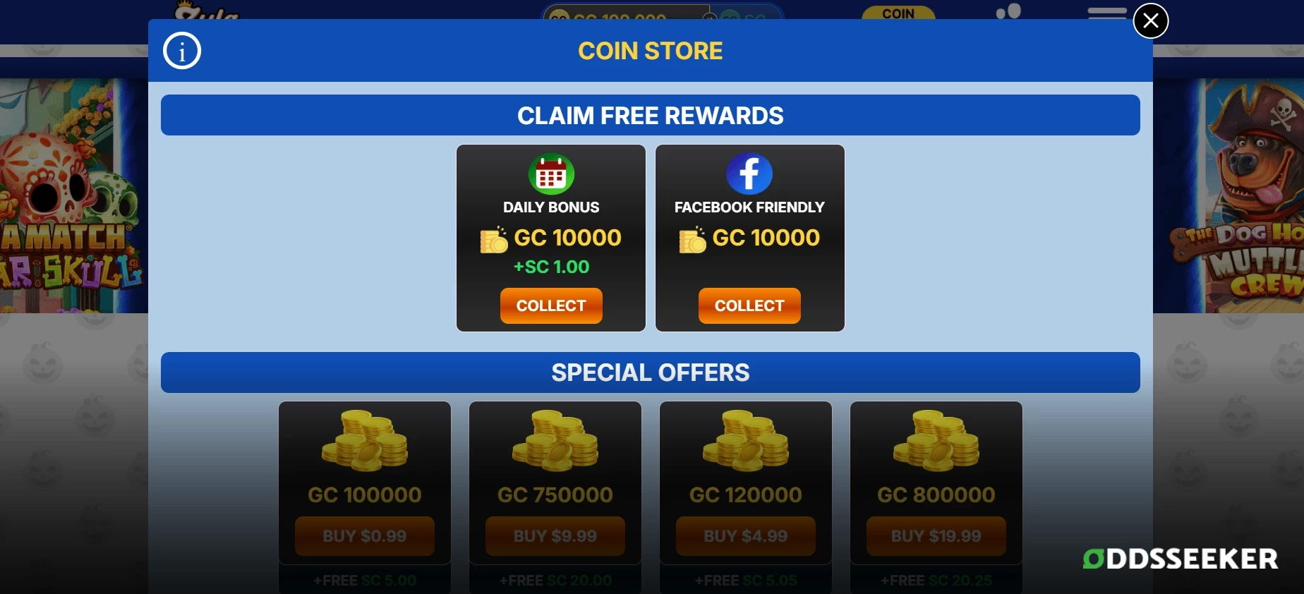 Screenshot of the Zula Casino Coin Store displaying coin packages and purchase options.