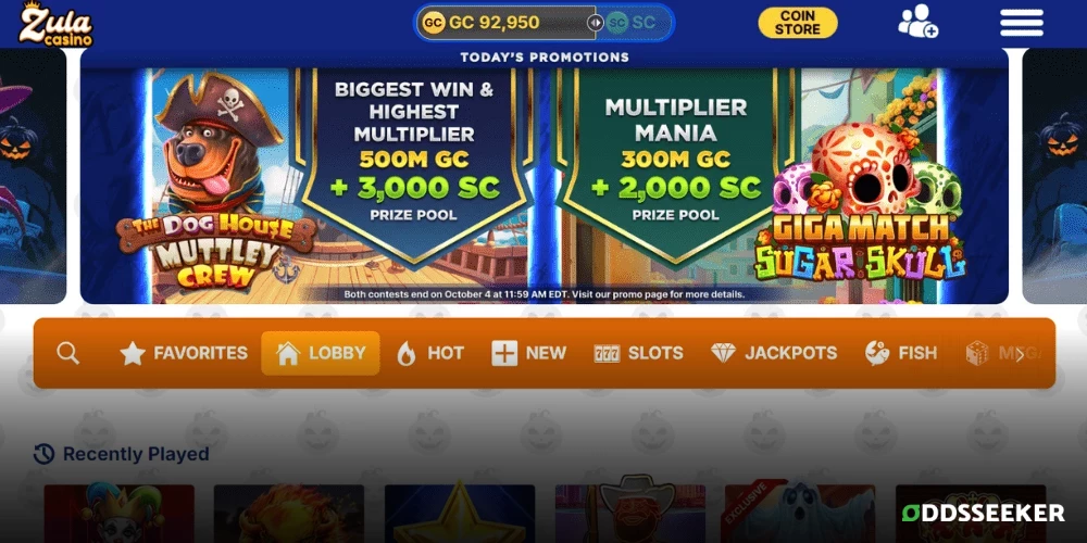 Screenshot of the Zula Casino homepage lobby showcasing the main interface and navigation options