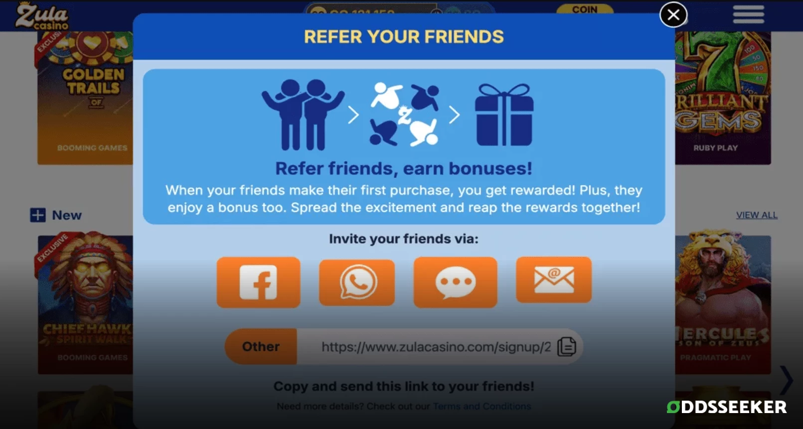 Screenshot of the Zula Casino Refer-a-Friend bonus page showing referral rewards and instructions