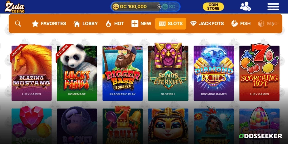 Screenshot of the Zula Casino slots section showcasing various slot games available to play