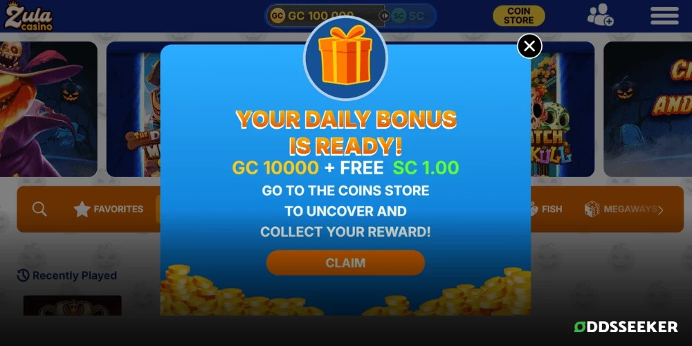 Screenshot of the Zula Casino Daily Login Bonus page highlighting rewards for consecutive daily logins