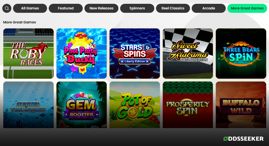 A screenshot of the desktop casino games library page for HorsePlay.com