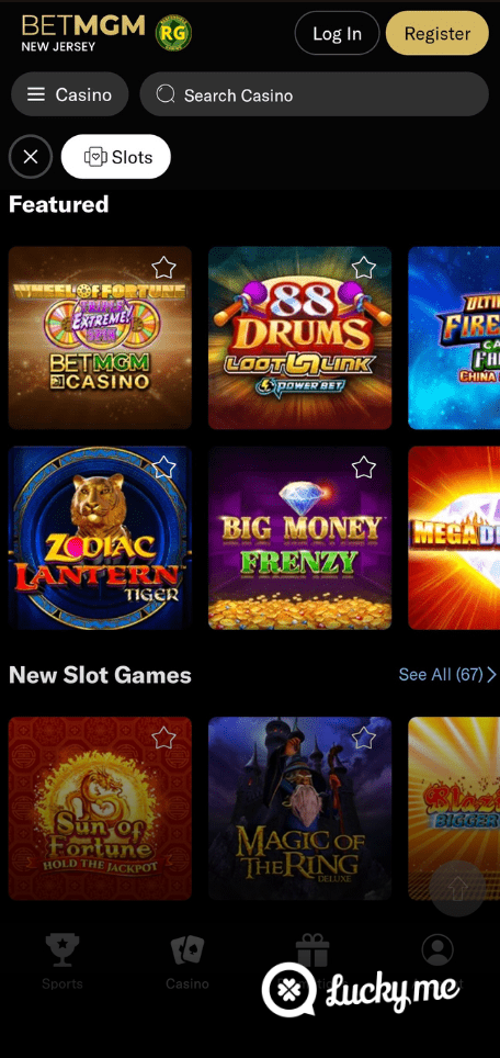 A screenshot of the mobile casino games library page for BetMGM