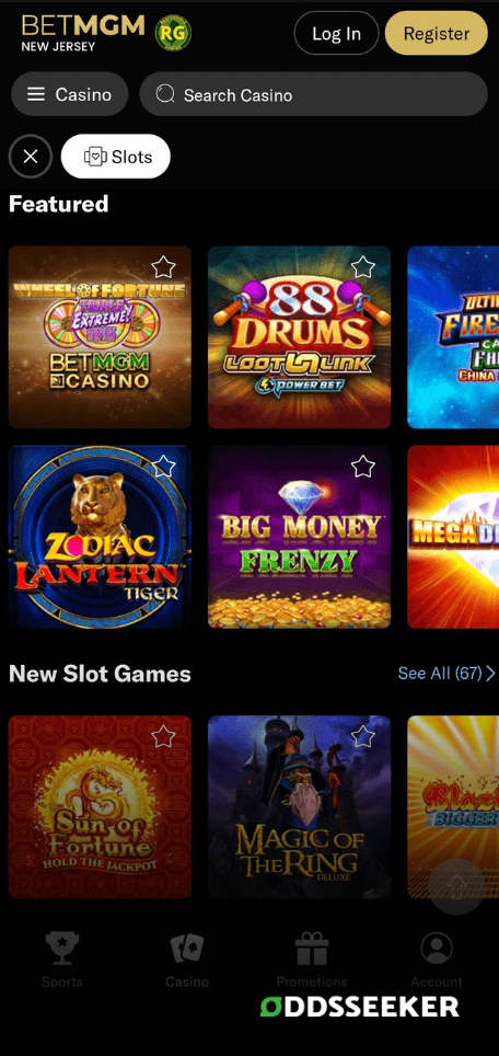 A screenshot of the mobile casino games library page for BetMGM