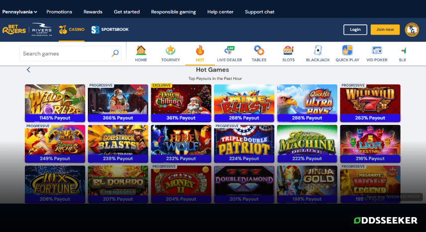 A screenshot of the desktop casino games library page for BetRivers