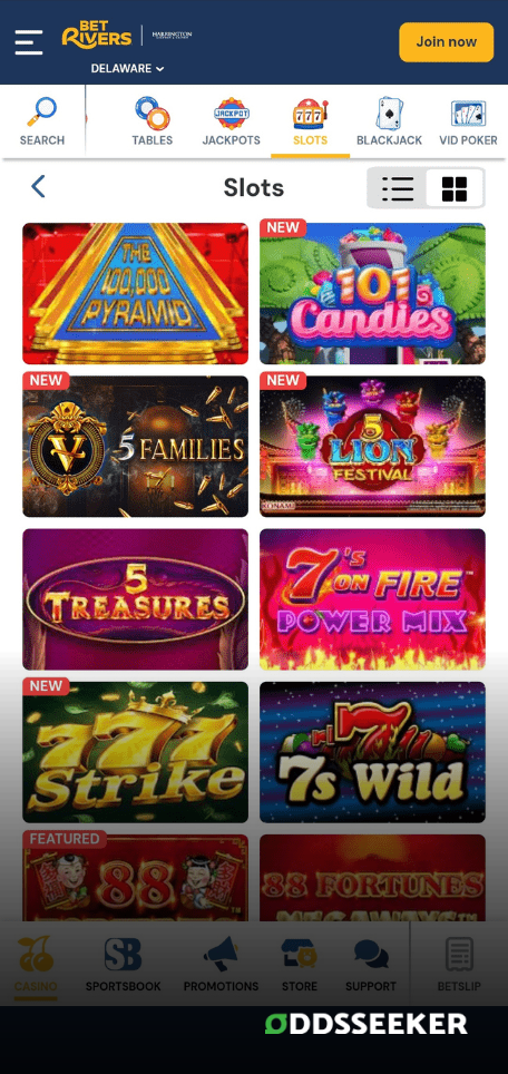 A screenshot of the mobile casino games library page for BetRivers