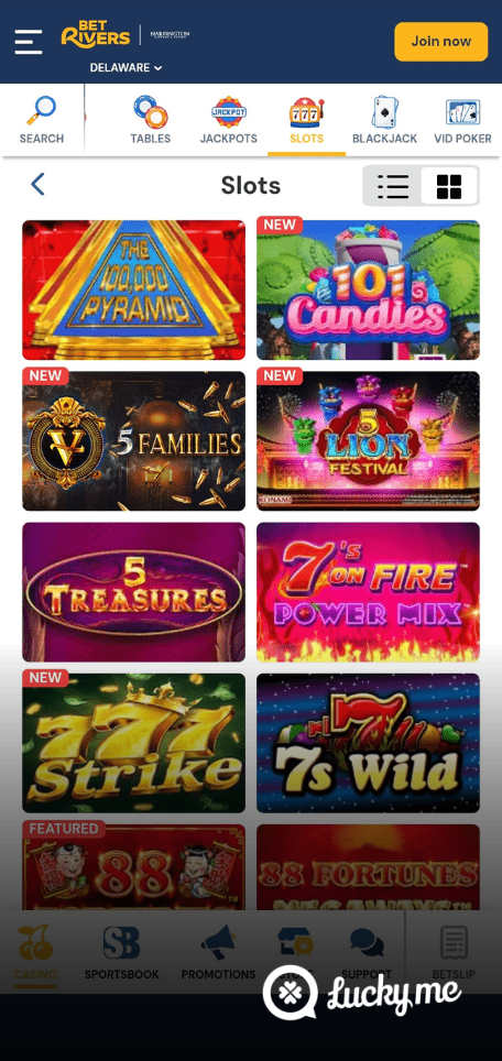 A screenshot of the mobile casino games library page for BetRivers