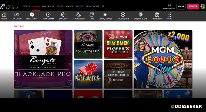 A screenshot of the desktop casino games library page for Borgata