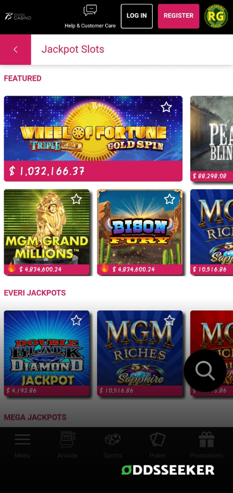 A screenshot of the mobile casino games library page for Borgata