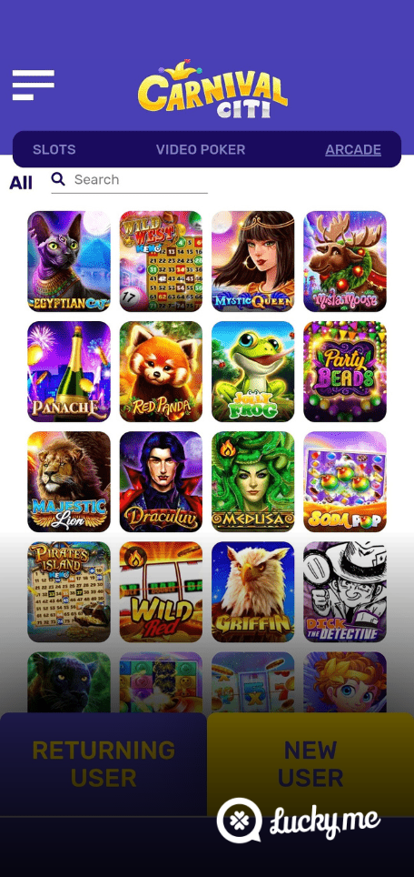 A screenshot of the mobile casino games library page for Carnival Citi