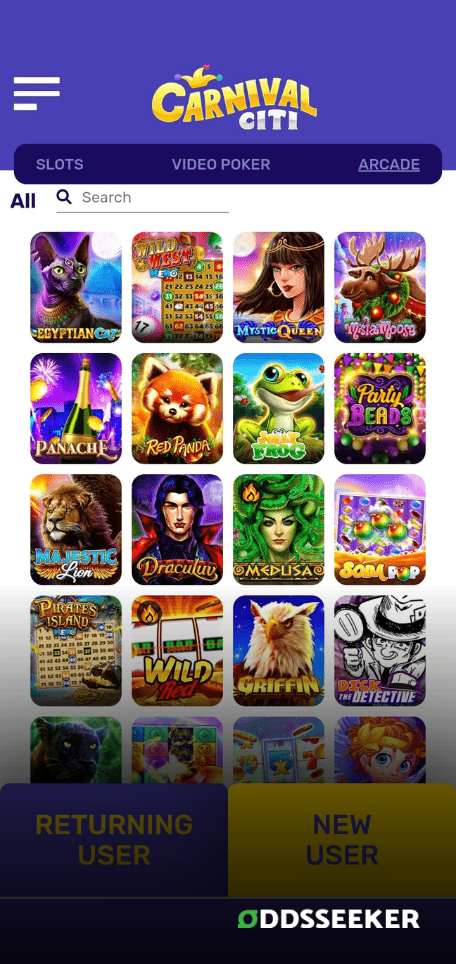 A screenshot of the mobile casino games library page for Carnival Citi