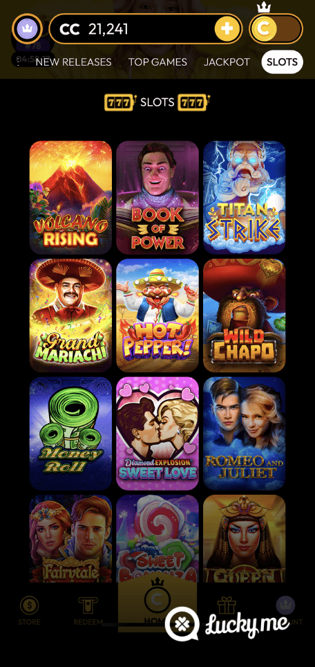 A screenshot of the mobile casino games library page for Crown Coins