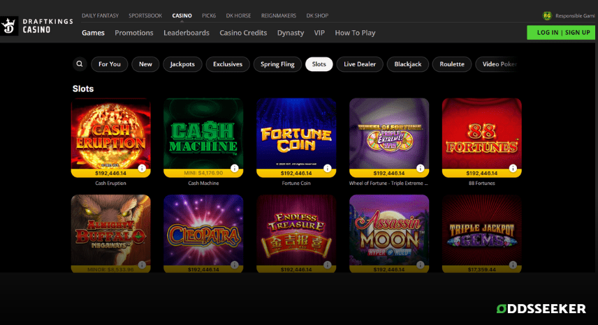 A screenshot of the desktop casino games library page for DraftKings